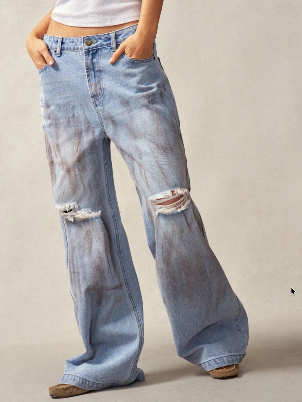 Light Wash Distressed Wide leg Low Waist Denim Jeans pants - Picture 5 of 8